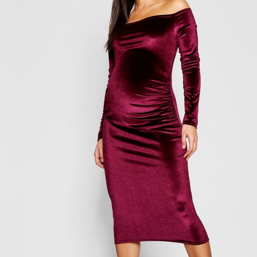 Maternity velvet off the shoulder midi dress